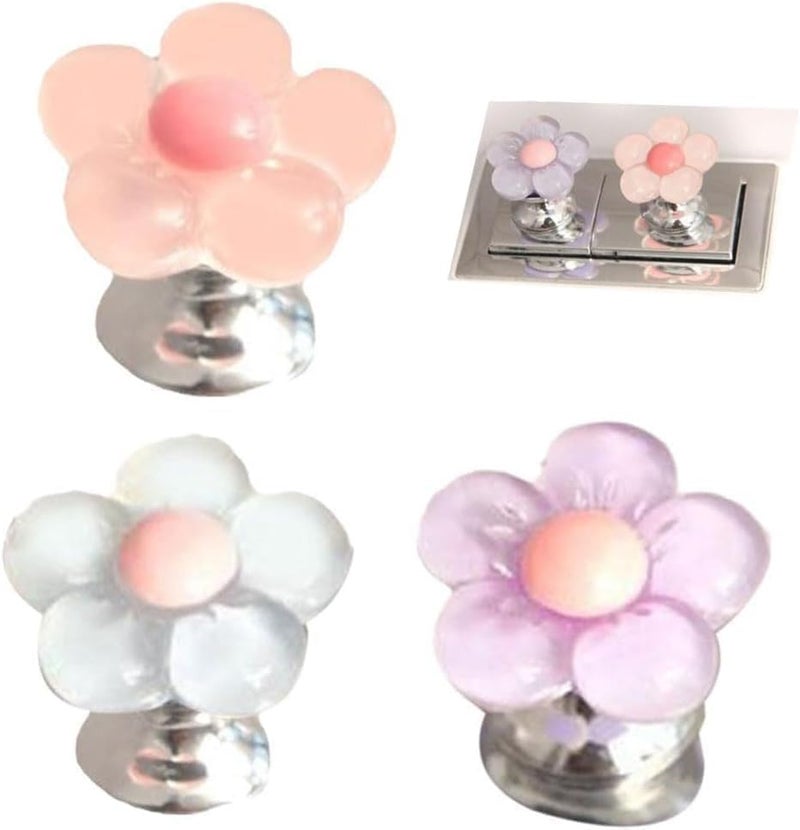 3Pcs Multicolour Cute Flower Shaped Toilet Buttons,Toilet Push Tank Buttonss, Flower Shape Toilet Press, Toilet Flush Button Pusher Tool, Handle Helper for Toilet Lid,Creative Toilet Accessory